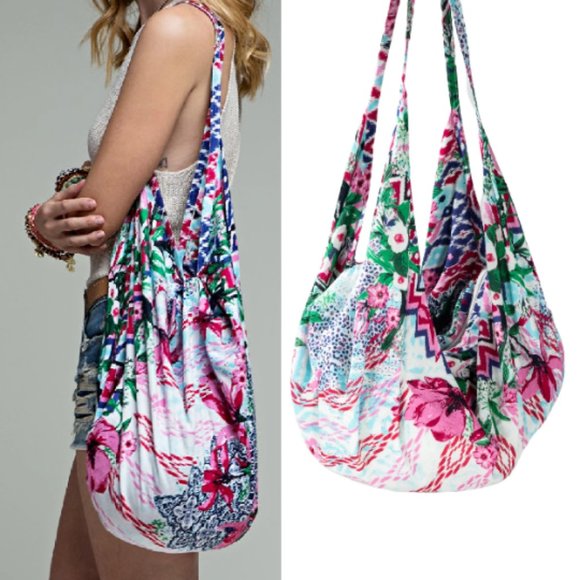 Hibiscus Boho Style Hammock Sling Bag Bohemian Floral Festival Print Handbag NEW - Picture 1 of 5